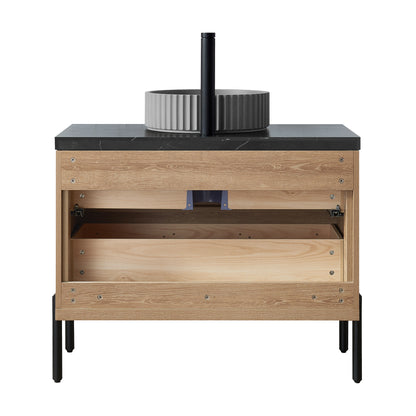 Vinnova, Trento 36B" Single Sink Bath Vanity in North American Oak with Black Sintered Stone Top with Concrete Sink and Mirror
