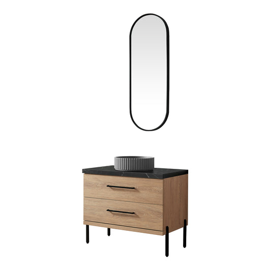 Vinnova, Trento 36B" Single Sink Bath Vanity in North American Oak with Black Sintered Stone Top with Concrete Sink and Mirror