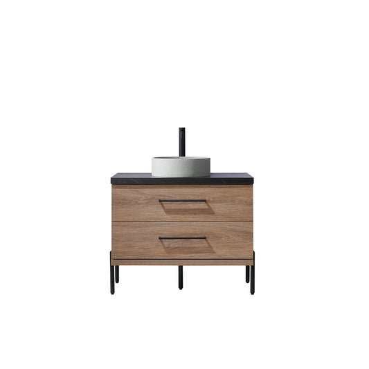 Vinnova, Trento 36" Single Sink Bath Vanity in North American Oak with Black Sintered Stone Top with Concrete Sink