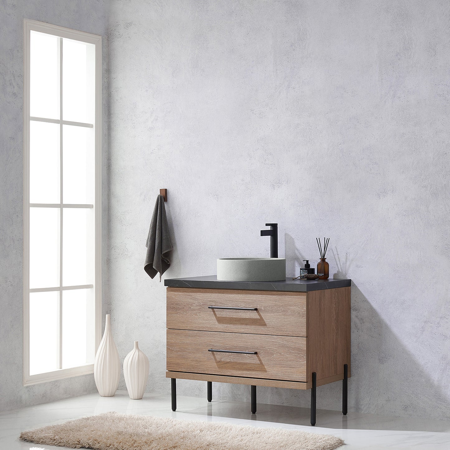 Vinnova, Trento 36" Single Sink Bath Vanity in North American Oak with Black Sintered Stone Top with Concrete Sink