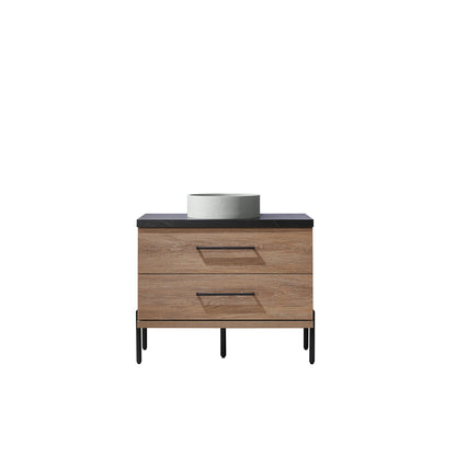 Vinnova, Trento 36" Single Sink Bath Vanity in North American Oak with Black Sintered Stone Top with Concrete Sink