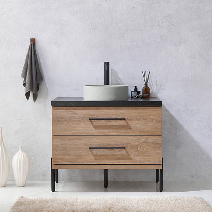 Vinnova, Trento 36" Single Sink Bath Vanity in North American Oak with Black Sintered Stone Top with Concrete Sink