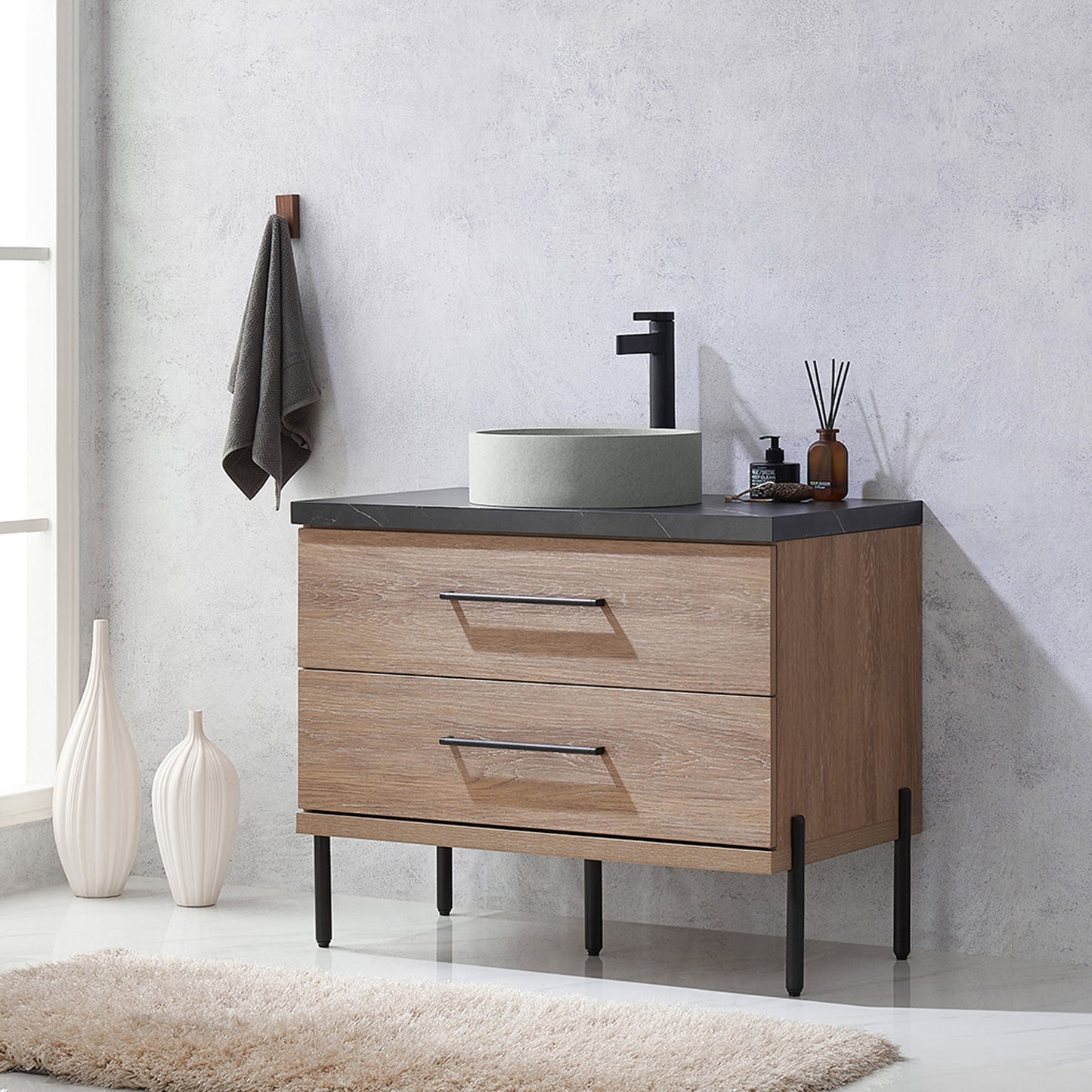 Vinnova, Trento 36" Single Sink Bath Vanity in North American Oak with Black Sintered Stone Top with Concrete Sink