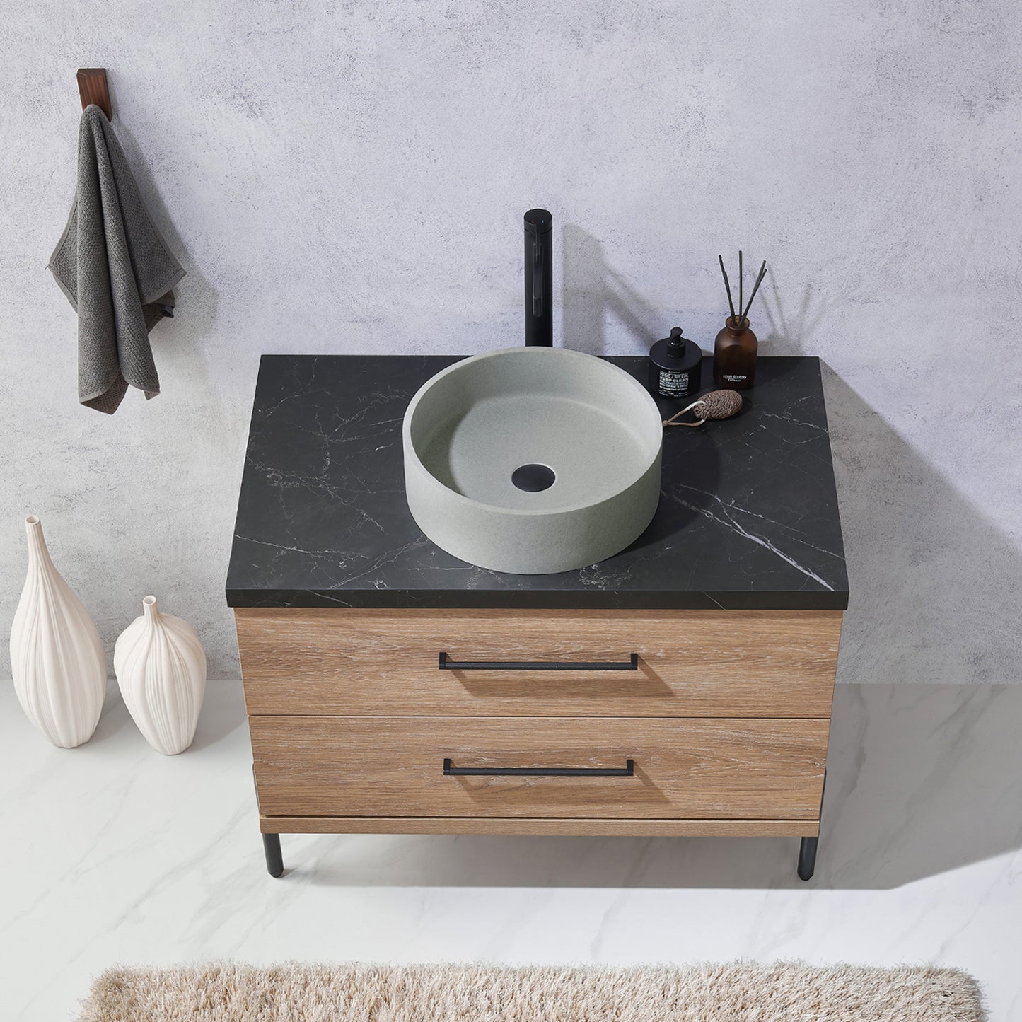 Vinnova, Trento 36" Single Sink Bath Vanity in North American Oak with Black Sintered Stone Top with Concrete Sink