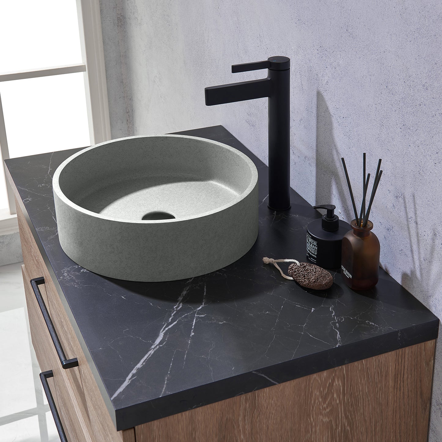 Vinnova, Trento 36" Single Sink Bath Vanity in North American Oak with Black Sintered Stone Top with Concrete Sink