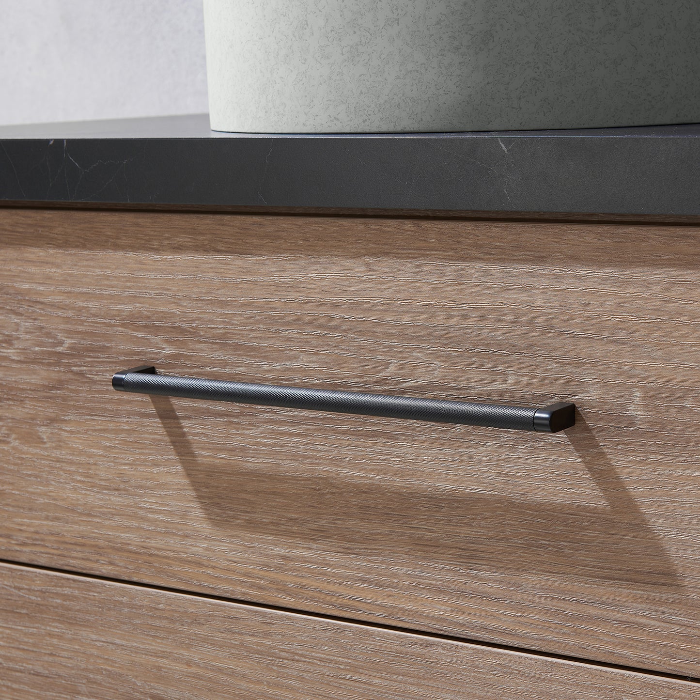 Vinnova, Trento 36" Single Sink Bath Vanity in North American Oak with Black Sintered Stone Top with Concrete Sink and Mirror