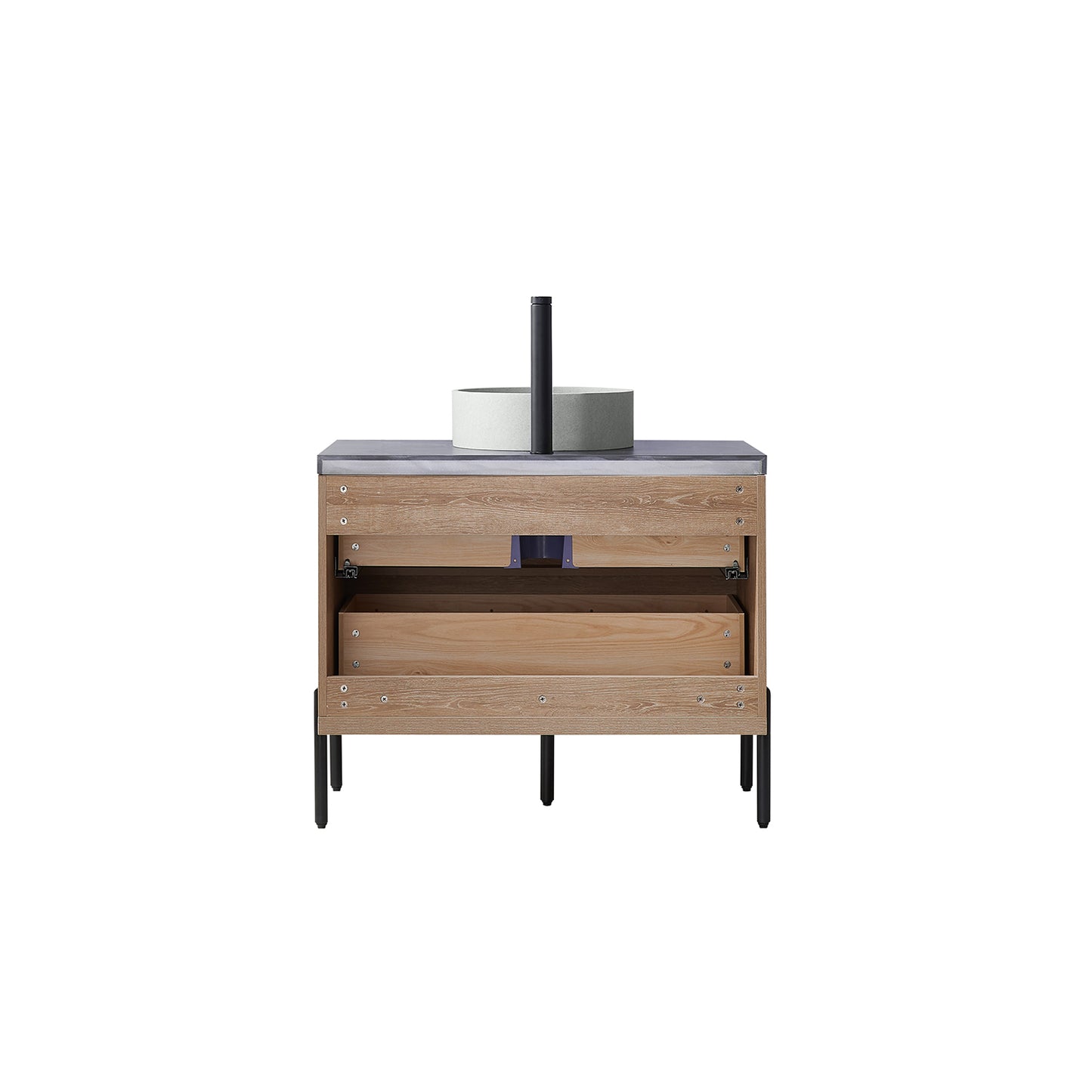 Vinnova, Trento 36" Single Sink Bath Vanity in North American Oak with Black Sintered Stone Top with Concrete Sink and Mirror