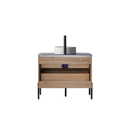 Vinnova, Trento 36" Single Sink Bath Vanity in North American Oak with Black Sintered Stone Top with Concrete Sink and Mirror