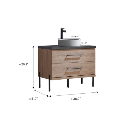 Vinnova, Trento 36" Single Sink Bath Vanity in North American Oak with Black Sintered Stone Top with Concrete Sink and Mirror
