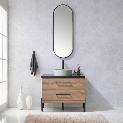 Vinnova, Trento 36" Single Sink Bath Vanity in North American Oak with Black Sintered Stone Top with Concrete Sink and Mirror