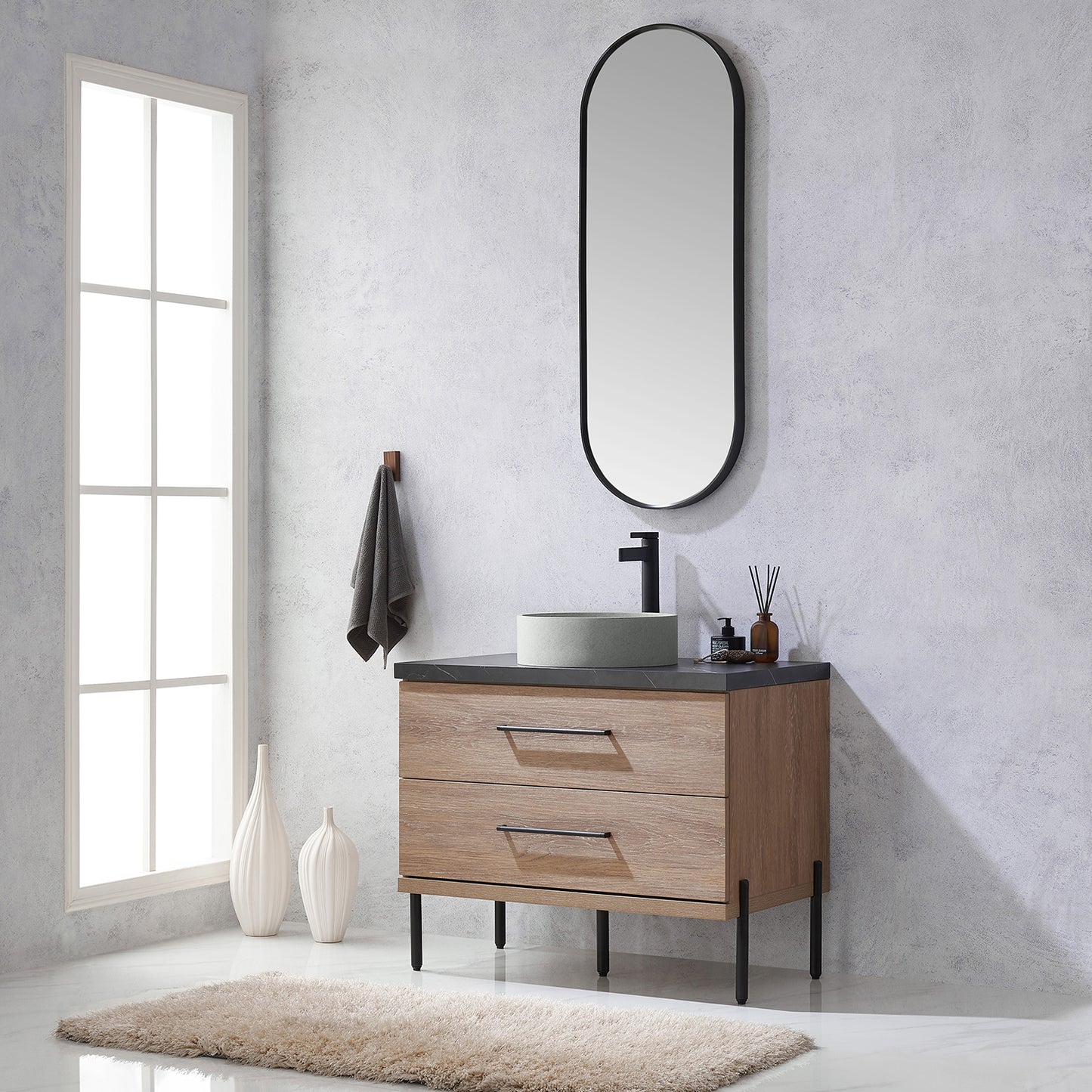 Vinnova, Trento 36" Single Sink Bath Vanity in North American Oak with Black Sintered Stone Top with Concrete Sink and Mirror