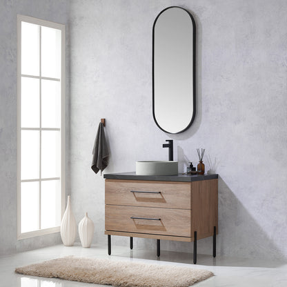 Vinnova, Trento 36" Single Sink Bath Vanity in North American Oak with Black Sintered Stone Top with Concrete Sink and Mirror
