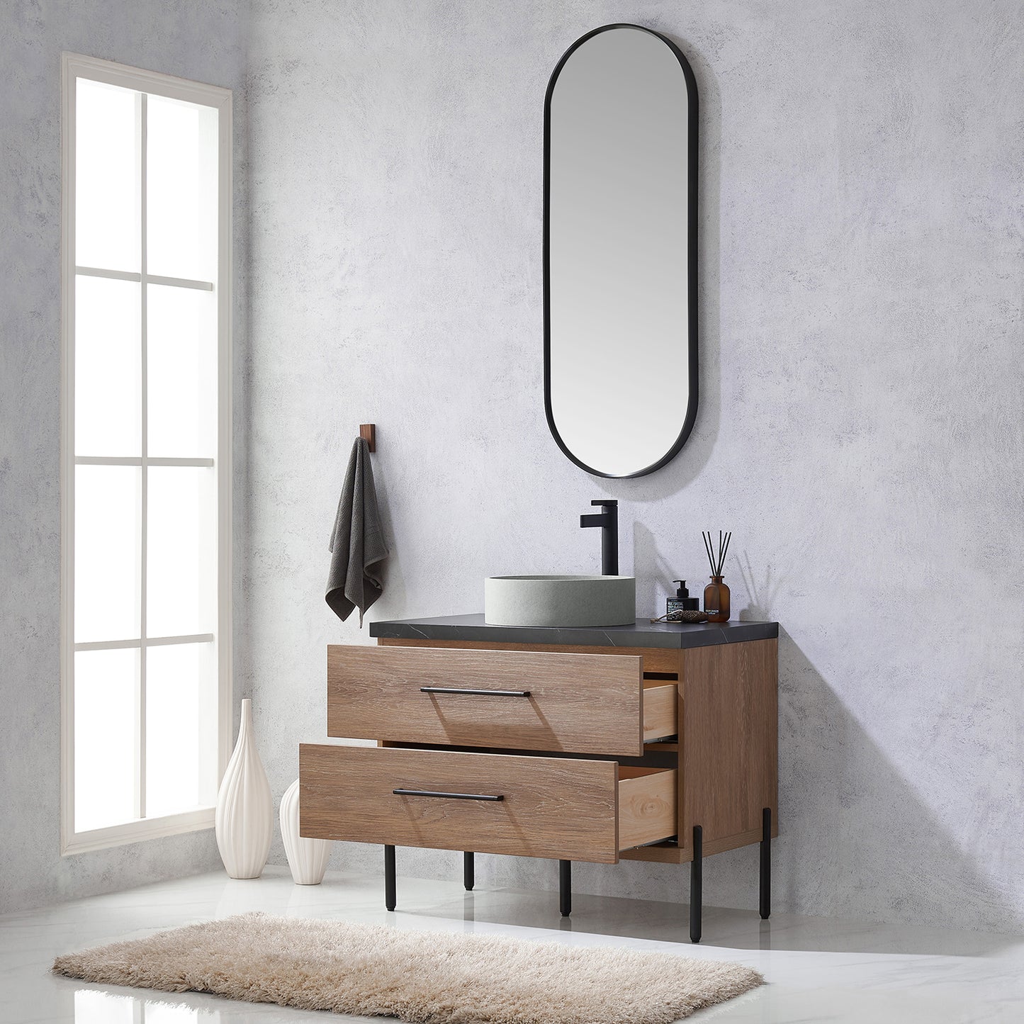 Vinnova, Trento 36" Single Sink Bath Vanity in North American Oak with Black Sintered Stone Top with Concrete Sink and Mirror