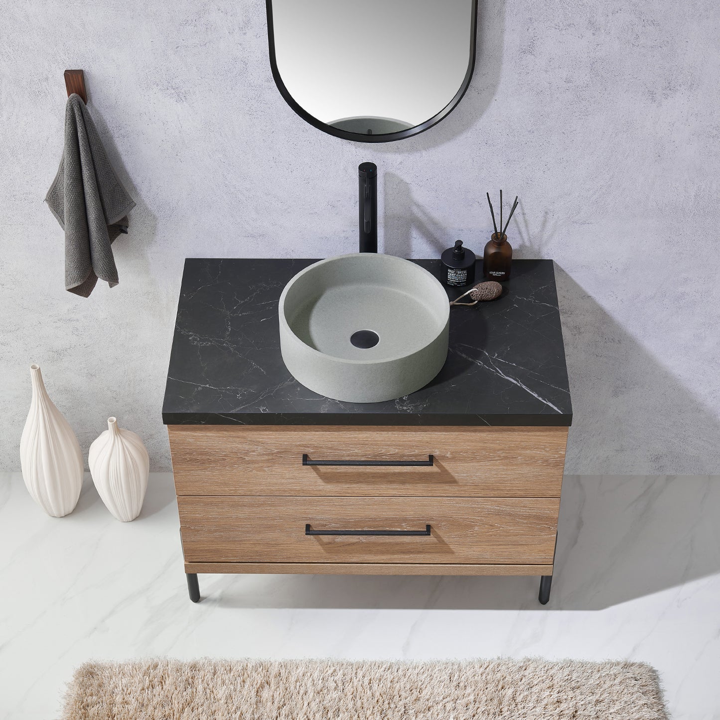 Vinnova, Trento 36" Single Sink Bath Vanity in North American Oak with Black Sintered Stone Top with Concrete Sink and Mirror