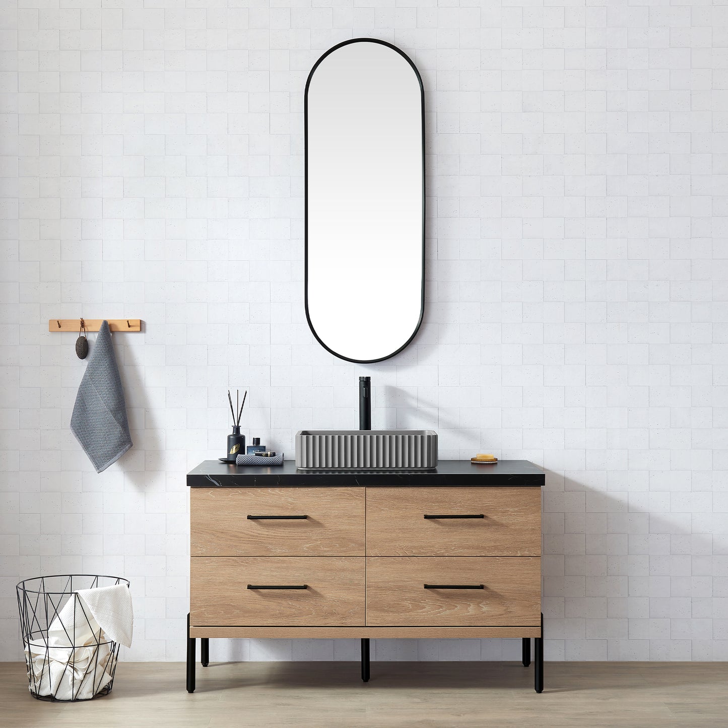 Vinnova, Trento 48A" Single Sink Bath Vanity in North American Oak with Black Sintered Stone Top with Concrete Sink
