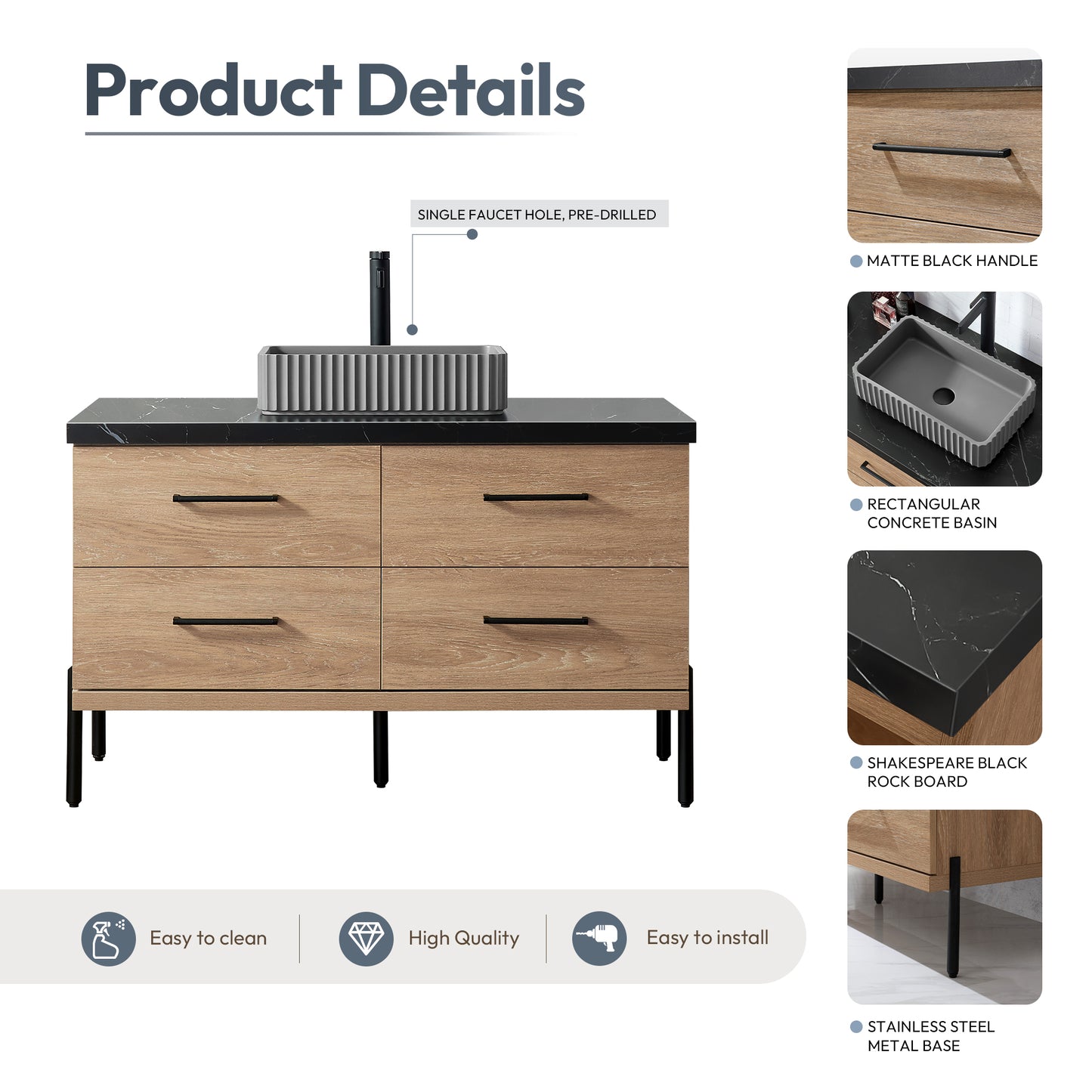 Vinnova, Trento 48A" Single Sink Bath Vanity in North American Oak with Black Sintered Stone Top with Concrete Sink