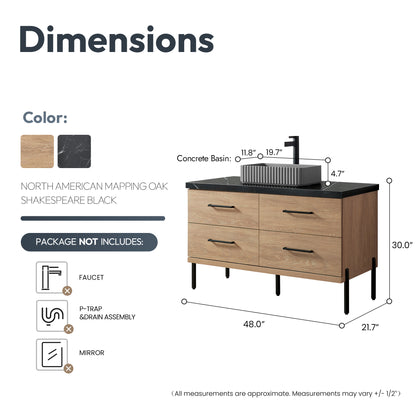 Vinnova, Trento 48A" Single Sink Bath Vanity in North American Oak with Black Sintered Stone Top with Concrete Sink