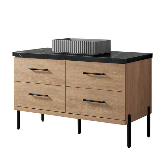 Vinnova, Trento 48A" Single Sink Bath Vanity in North American Oak with Black Sintered Stone Top with Concrete Sink