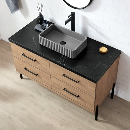 Vinnova, Trento 48A" Single Sink Bath Vanity in North American Oak with Black Sintered Stone Top with Concrete Sink