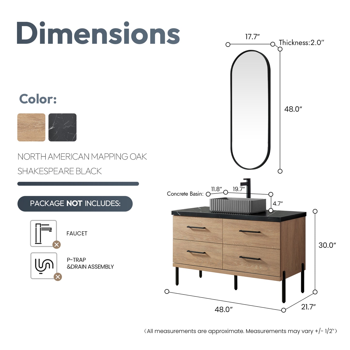 Vinnova, Trento 48A" Single Sink Bath Vanity in North American Oak with Black Sintered Stone Top with Concrete Sink and Mirror