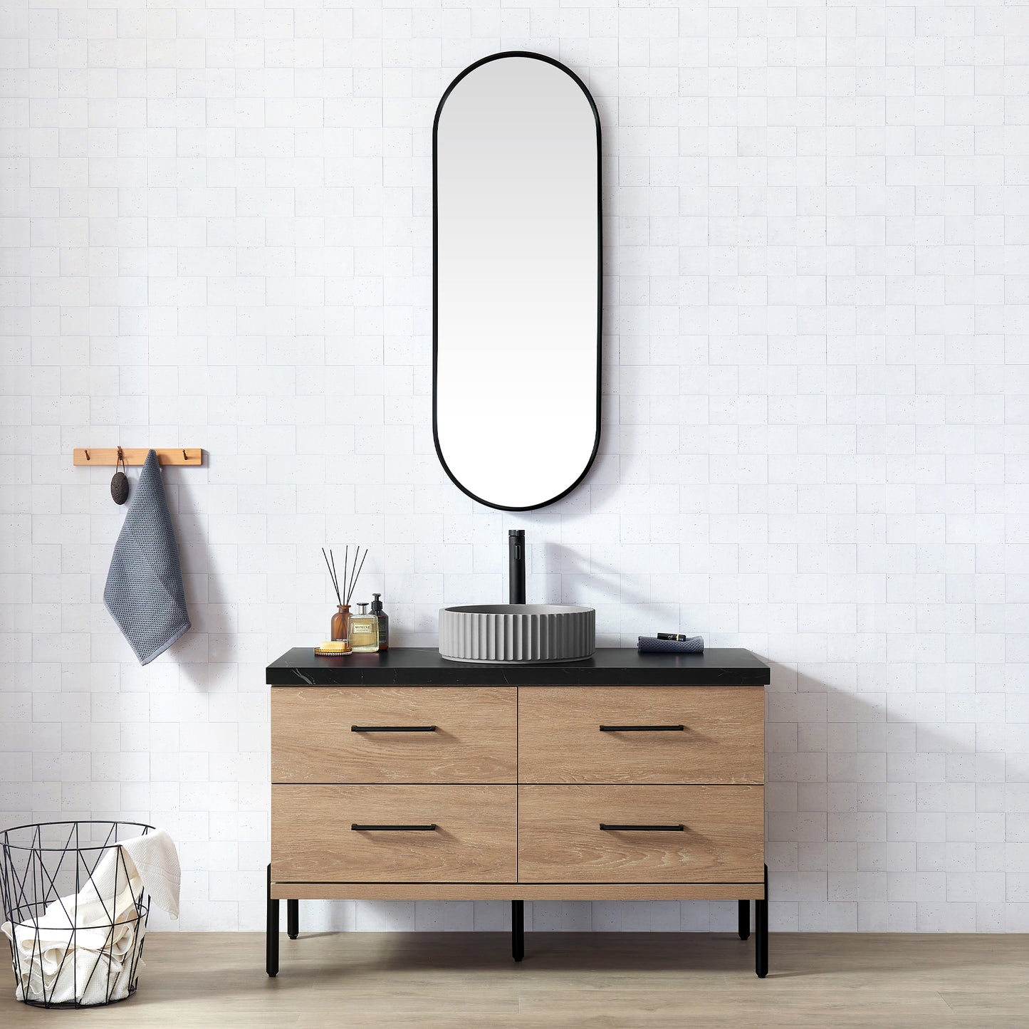 Vinnova, Trento 48B" Single Sink Bath Vanity in North American Oak with Black Sintered Stone Top with Concrete Sink