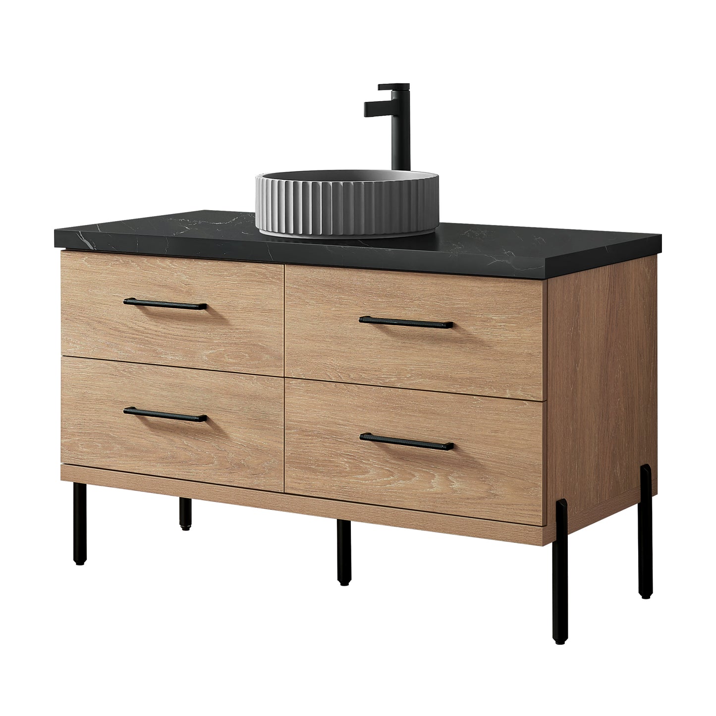 Vinnova, Trento 48B" Single Sink Bath Vanity in North American Oak with Black Sintered Stone Top with Concrete Sink