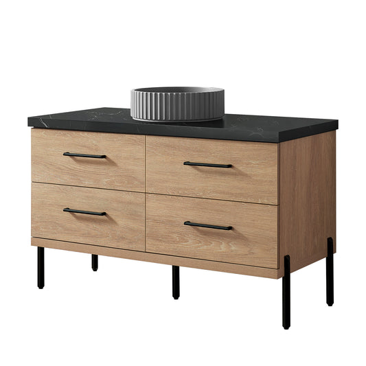 Vinnova, Trento 48B" Single Sink Bath Vanity in North American Oak with Black Sintered Stone Top with Concrete Sink