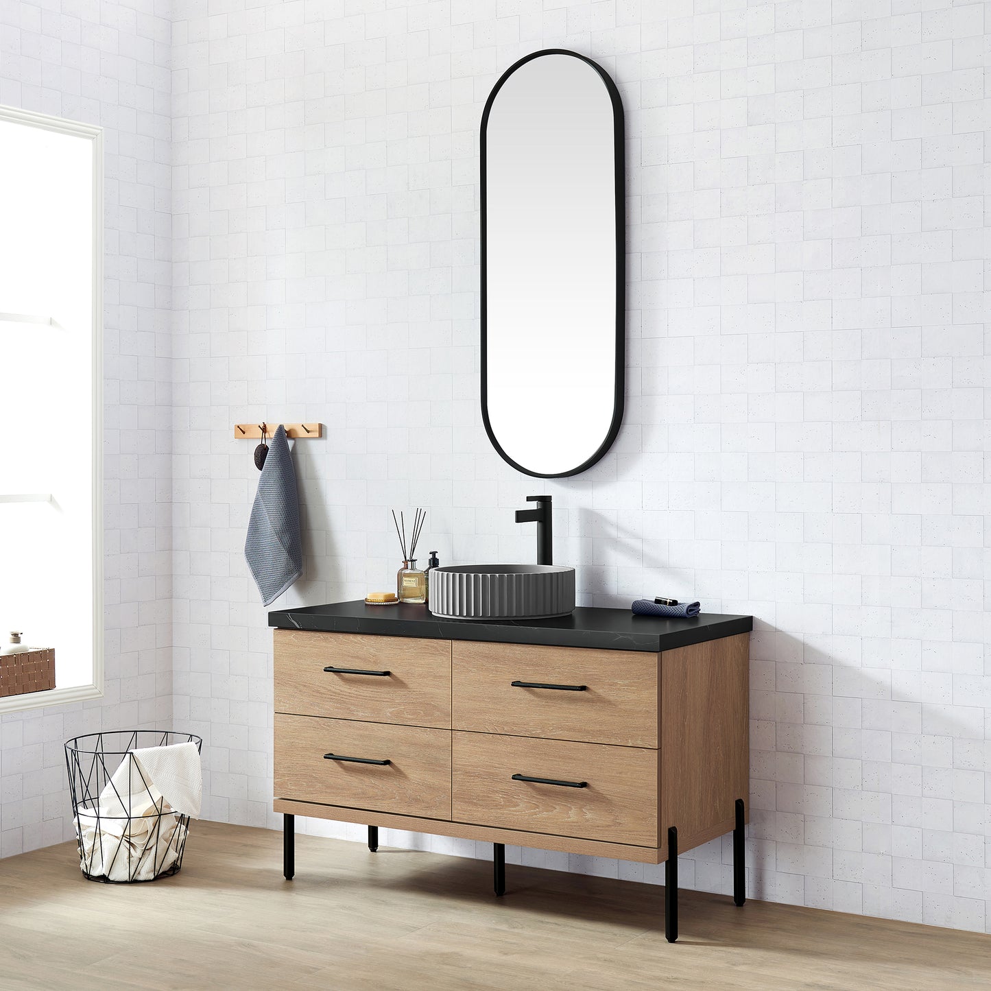 Vinnova, Trento 48B" Single Sink Bath Vanity in North American Oak with Black Sintered Stone Top with Concrete Sink