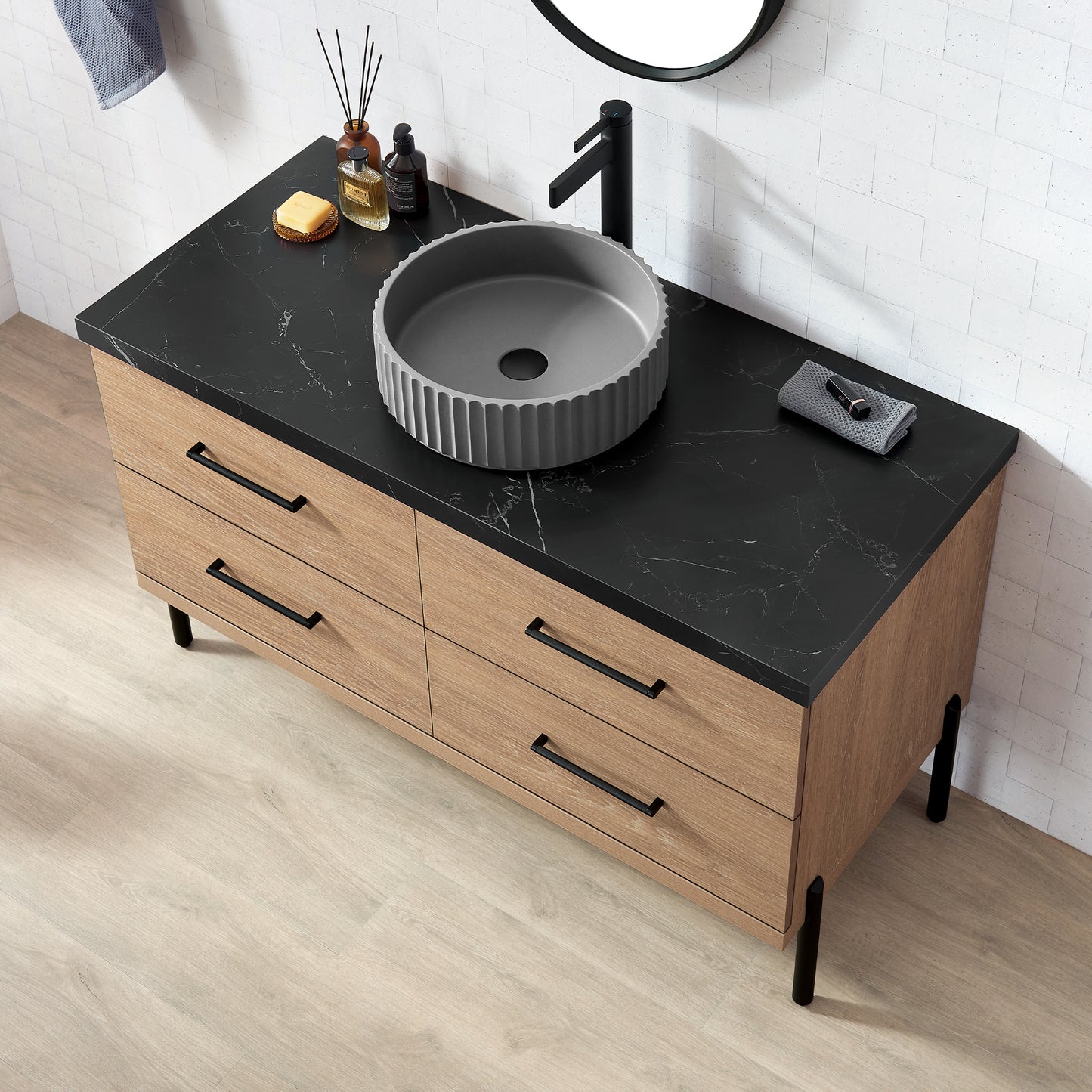 Vinnova, Trento 48B" Single Sink Bath Vanity in North American Oak with Black Sintered Stone Top with Concrete Sink