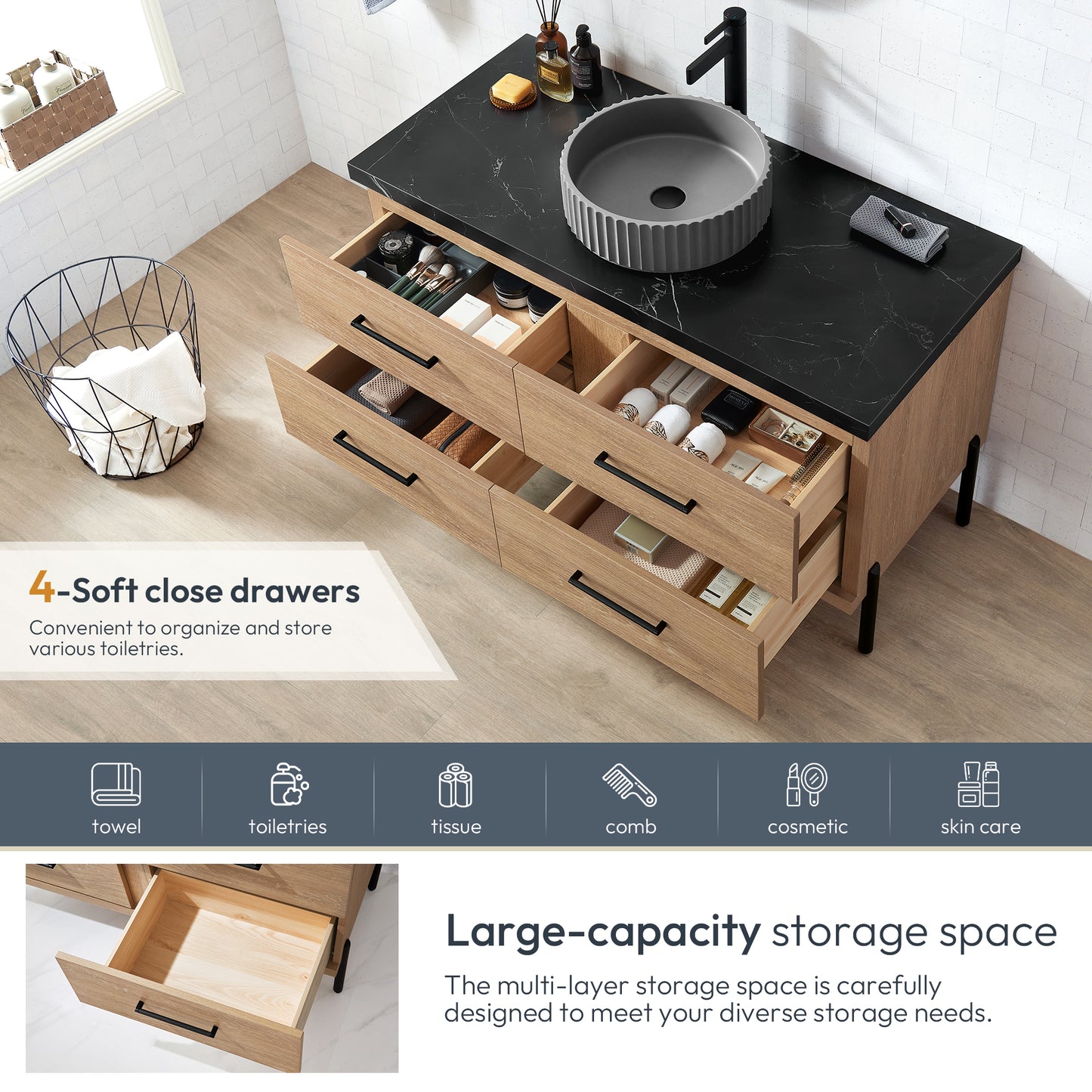 Vinnova, Trento 48B" Single Sink Bath Vanity in North American Oak with Black Sintered Stone Top with Concrete Sink