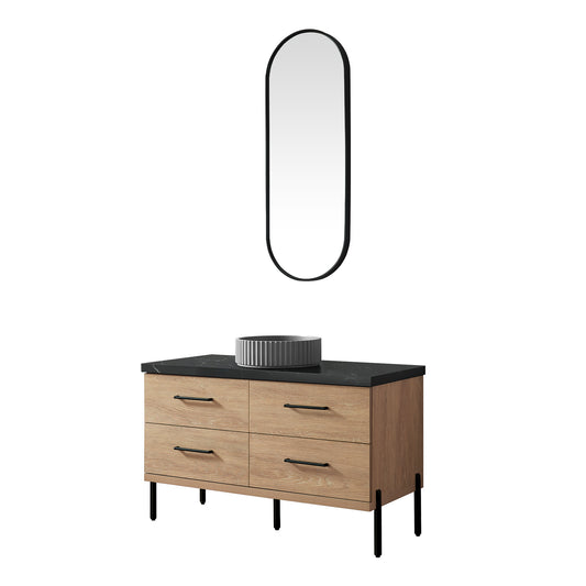 Vinnova, Trento 48B" Single Sink Bath Vanity in North American Oak with Black Sintered Stone Top with Concrete Sink and Mirror