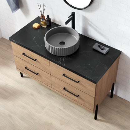 Vinnova, Trento 48B" Single Sink Bath Vanity in North American Oak with Black Sintered Stone Top with Concrete Sink and Mirror