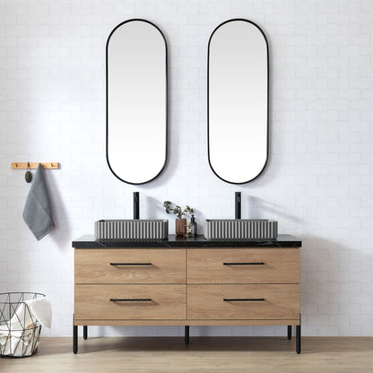 Vinnova, Trento 60A" Double Sink Bath Vanity in North American Oak with Black Sintered Stone Top with Concrete Sink
