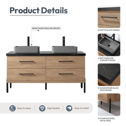 Vinnova, Trento 60A" Double Sink Bath Vanity in North American Oak with Black Sintered Stone Top with Concrete Sink