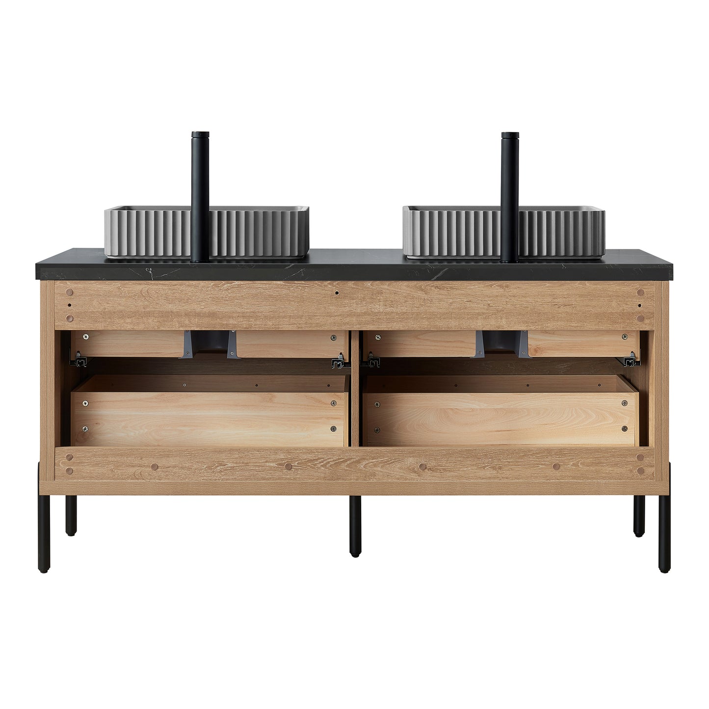 Vinnova, Trento 60A" Double Sink Bath Vanity in North American Oak with Black Sintered Stone Top with Concrete Sink