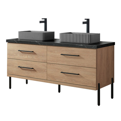 Vinnova, Trento 60A" Double Sink Bath Vanity in North American Oak with Black Sintered Stone Top with Concrete Sink