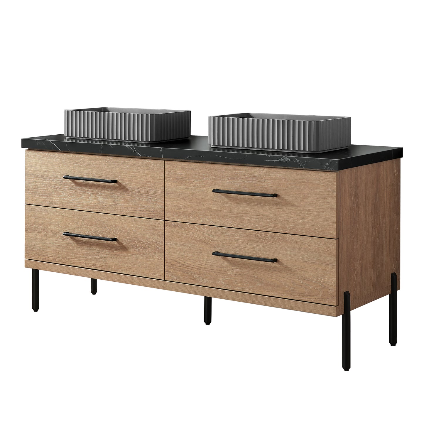 Vinnova, Trento 60A" Double Sink Bath Vanity in North American Oak with Black Sintered Stone Top with Concrete Sink