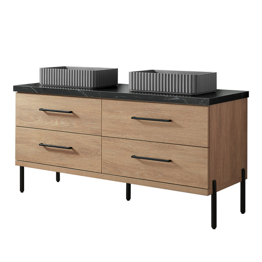 Vinnova, Trento 60A" Double Sink Bath Vanity in North American Oak with Black Sintered Stone Top with Concrete Sink