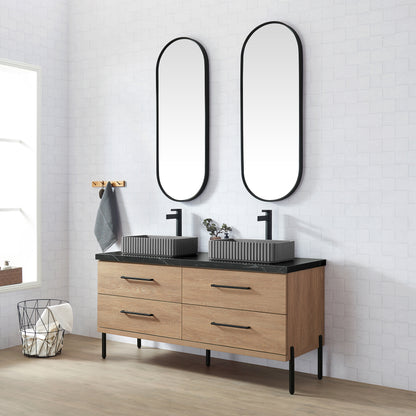 Vinnova, Trento 60A" Double Sink Bath Vanity in North American Oak with Black Sintered Stone Top with Concrete Sink