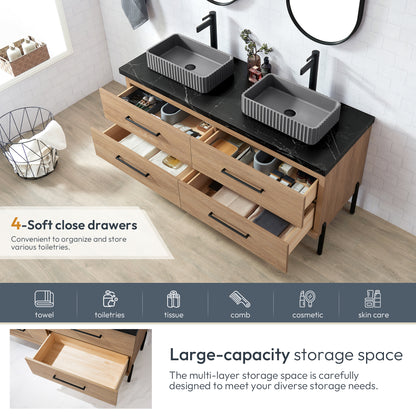 Vinnova, Trento 60A" Double Sink Bath Vanity in North American Oak with Black Sintered Stone Top with Concrete Sink