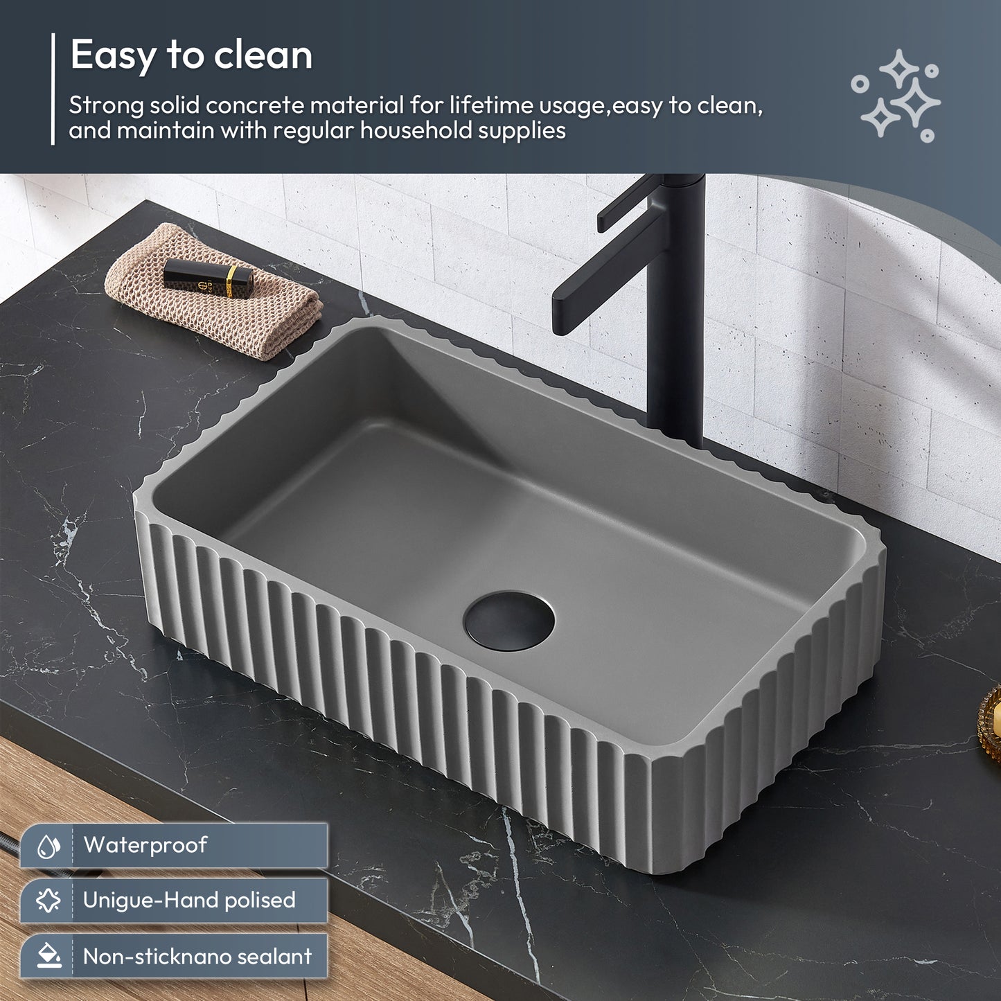 Vinnova, Trento 60A" Double Sink Bath Vanity in North American Oak with Black Sintered Stone Top with Concrete Sink