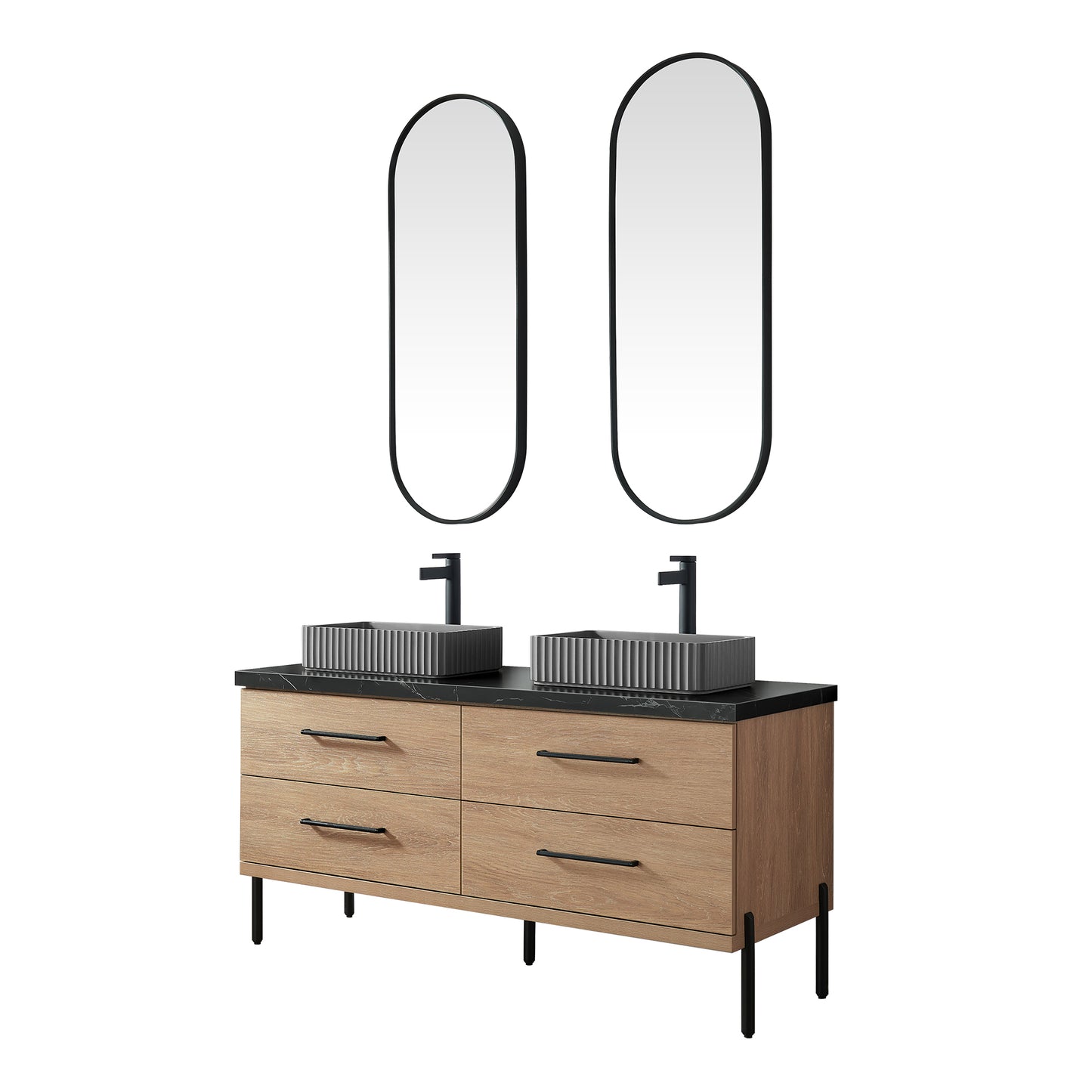Vinnova, Trento 60A" Double Sink Bath Vanity in North American Oak with Black Sintered Stone Top with Concrete Sink and Mirror