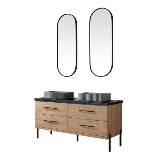 Vinnova, Trento 60A" Double Sink Bath Vanity in North American Oak with Black Sintered Stone Top with Concrete Sink and Mirror