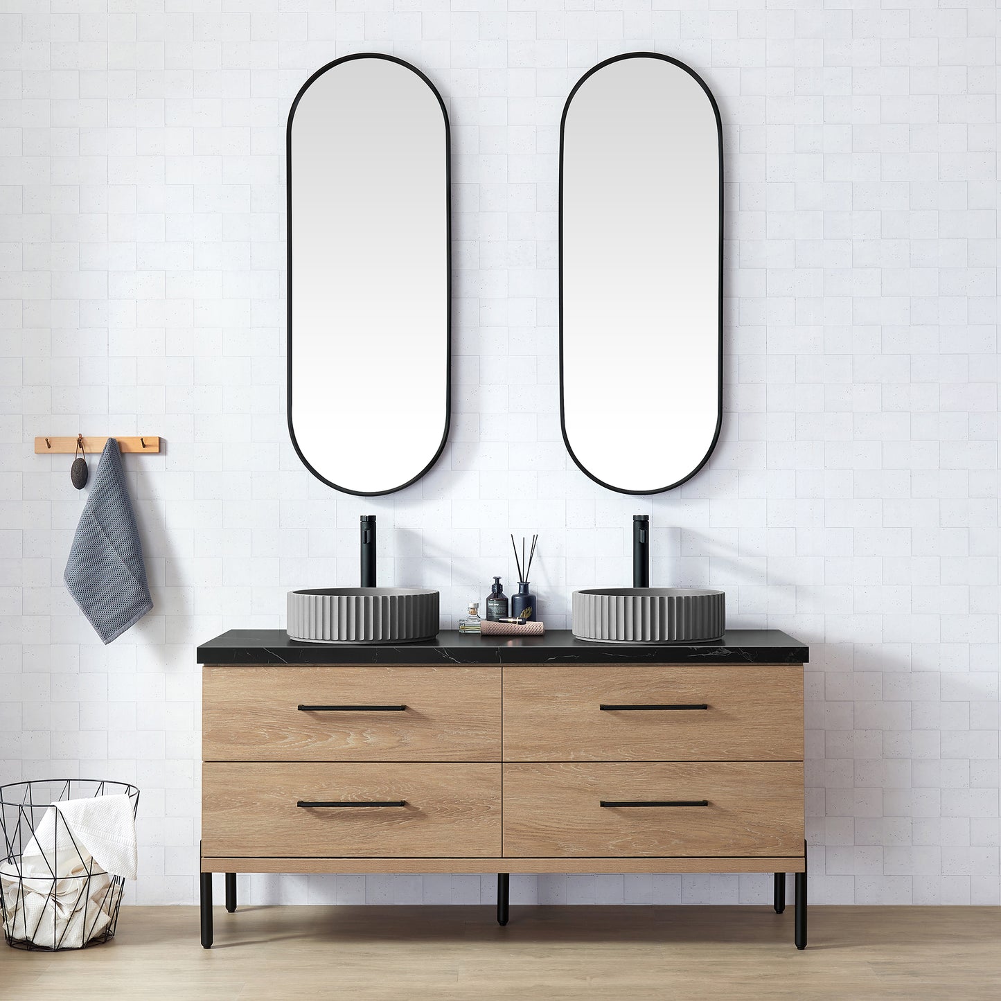 Vinnova, Trento 60B" Double Sink Bath Vanity in North American Oak with Black Sintered Stone Top with Concrete Sink