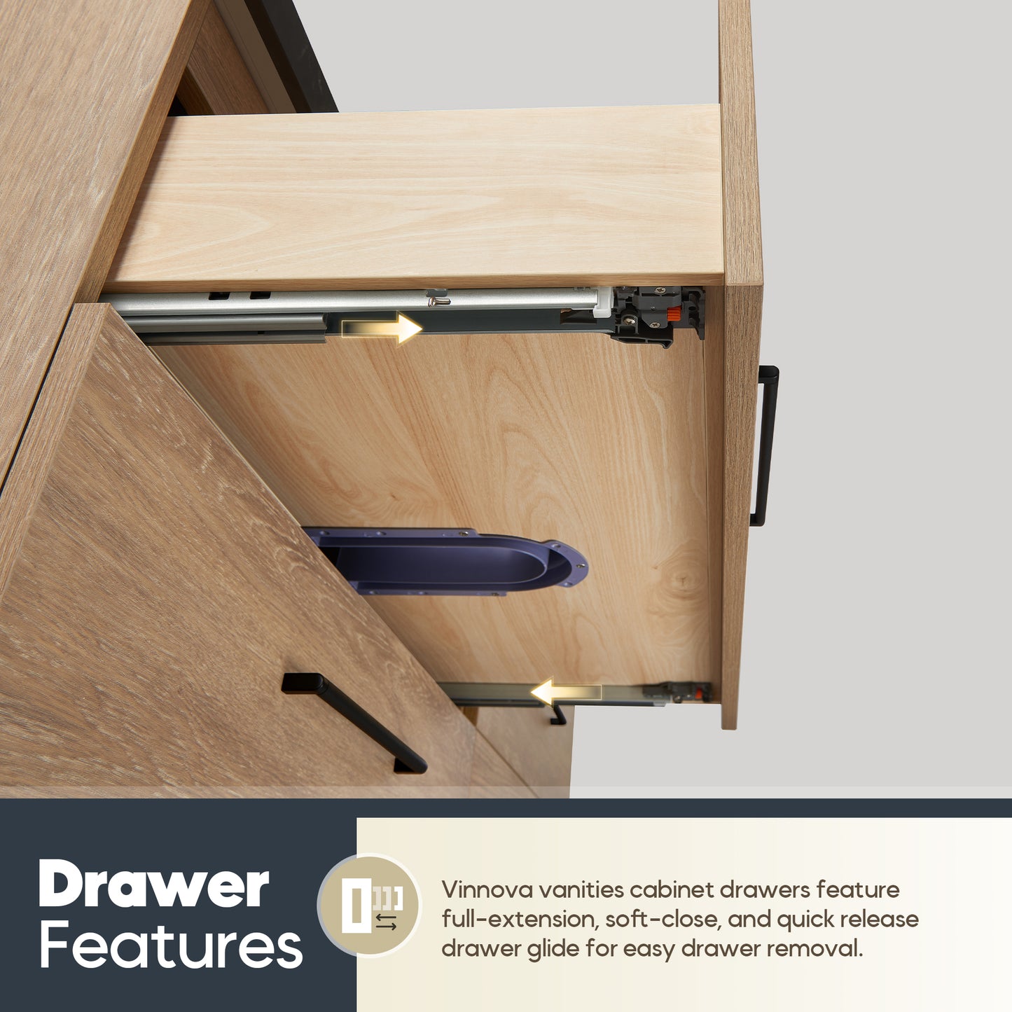 Vinnova, Trento 60B" Double Sink Bath Vanity in North American Oak with Black Sintered Stone Top with Concrete Sink