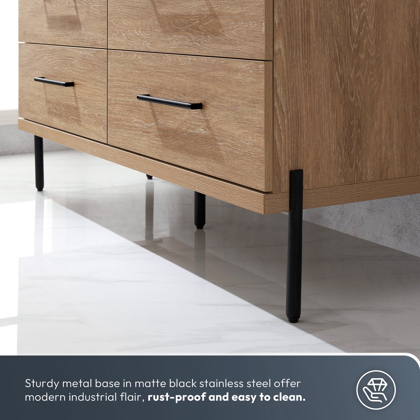 Vinnova, Trento 60B" Double Sink Bath Vanity in North American Oak with Black Sintered Stone Top with Concrete Sink