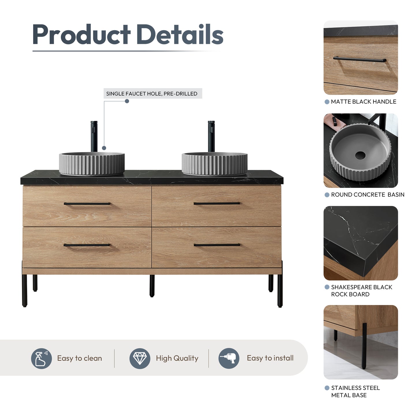 Vinnova, Trento 60B" Double Sink Bath Vanity in North American Oak with Black Sintered Stone Top with Concrete Sink