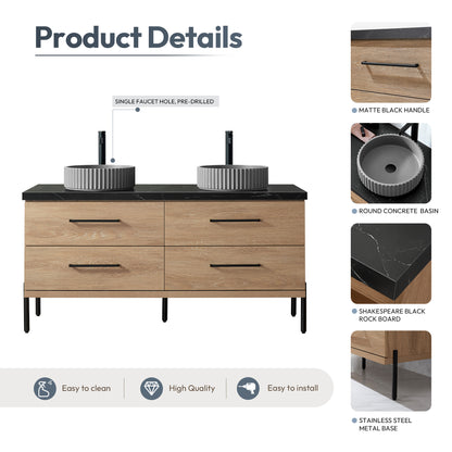 Vinnova, Trento 60B" Double Sink Bath Vanity in North American Oak with Black Sintered Stone Top with Concrete Sink
