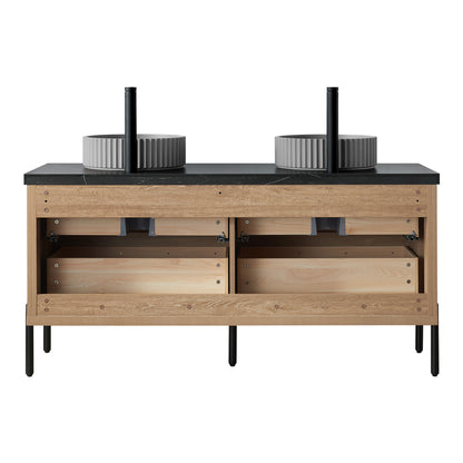 Vinnova, Trento 60B" Double Sink Bath Vanity in North American Oak with Black Sintered Stone Top with Concrete Sink
