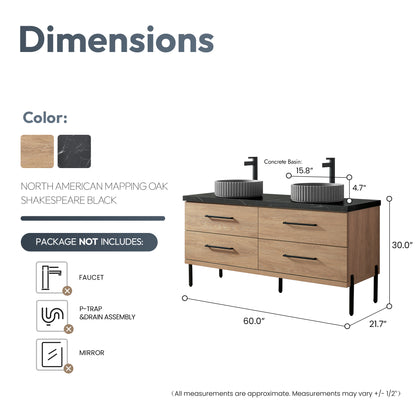 Vinnova, Trento 60B" Double Sink Bath Vanity in North American Oak with Black Sintered Stone Top with Concrete Sink